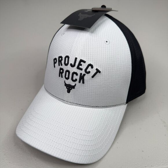 Under Armour Project Rock Trucker Hat White Black Snapback Cap 1369815 Mens NWT - Picture 1 of 12